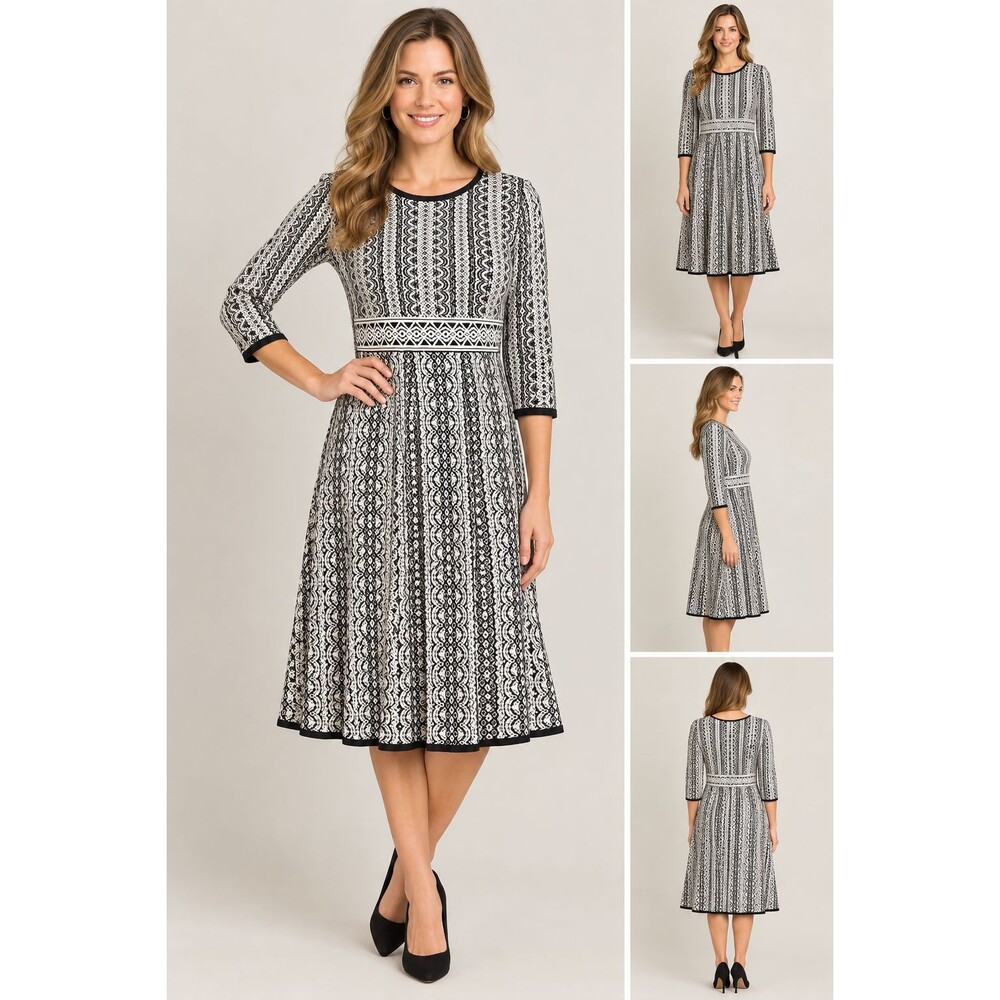 Nina Leonard Black White Geometric Print A-Line Knit Dress Size Small